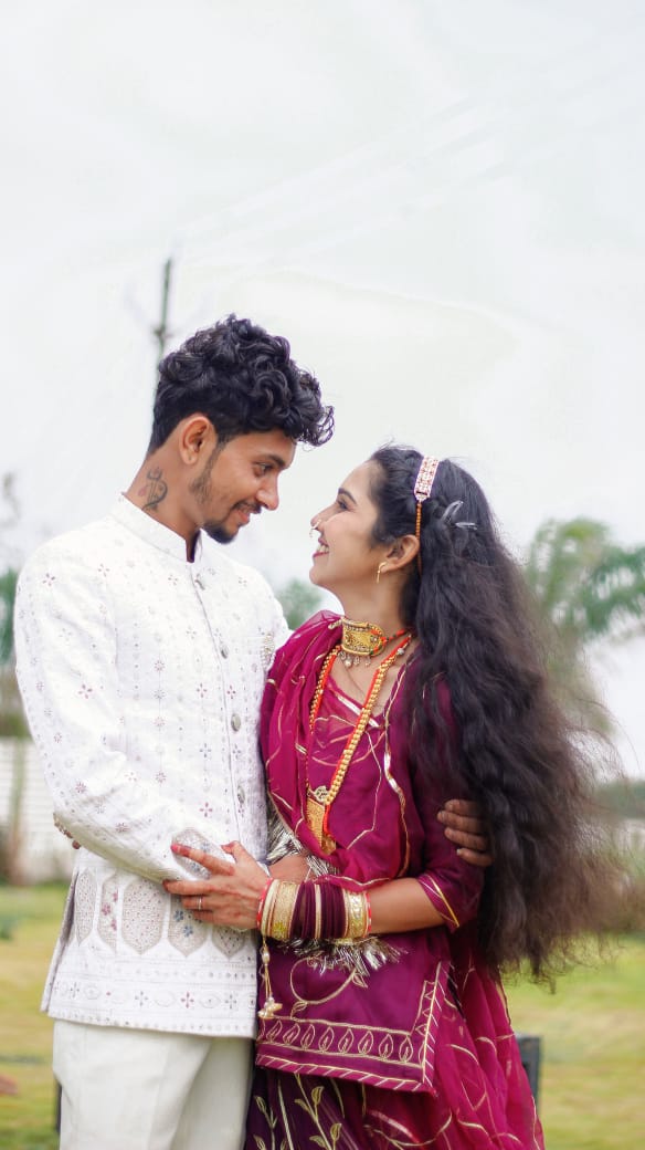 “Outdoor pre-wedding shoot by DR Creation – traditional Indian couple pose”